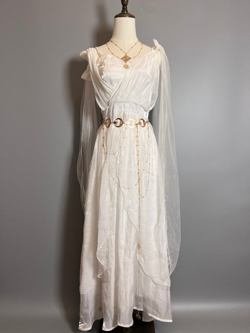 White Fantasy Tulle Dress with Draped Sleeves and Celestial Belt – Greek Goddess Dress Plus Size